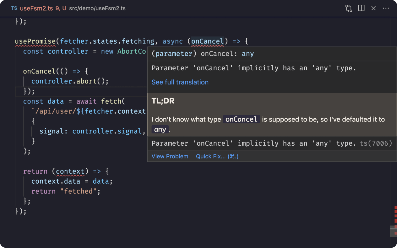 screenshot of VSCode showcasing Total TypeScript extension and it's ability to translate cryptic TypeScript errors into human-readable language.