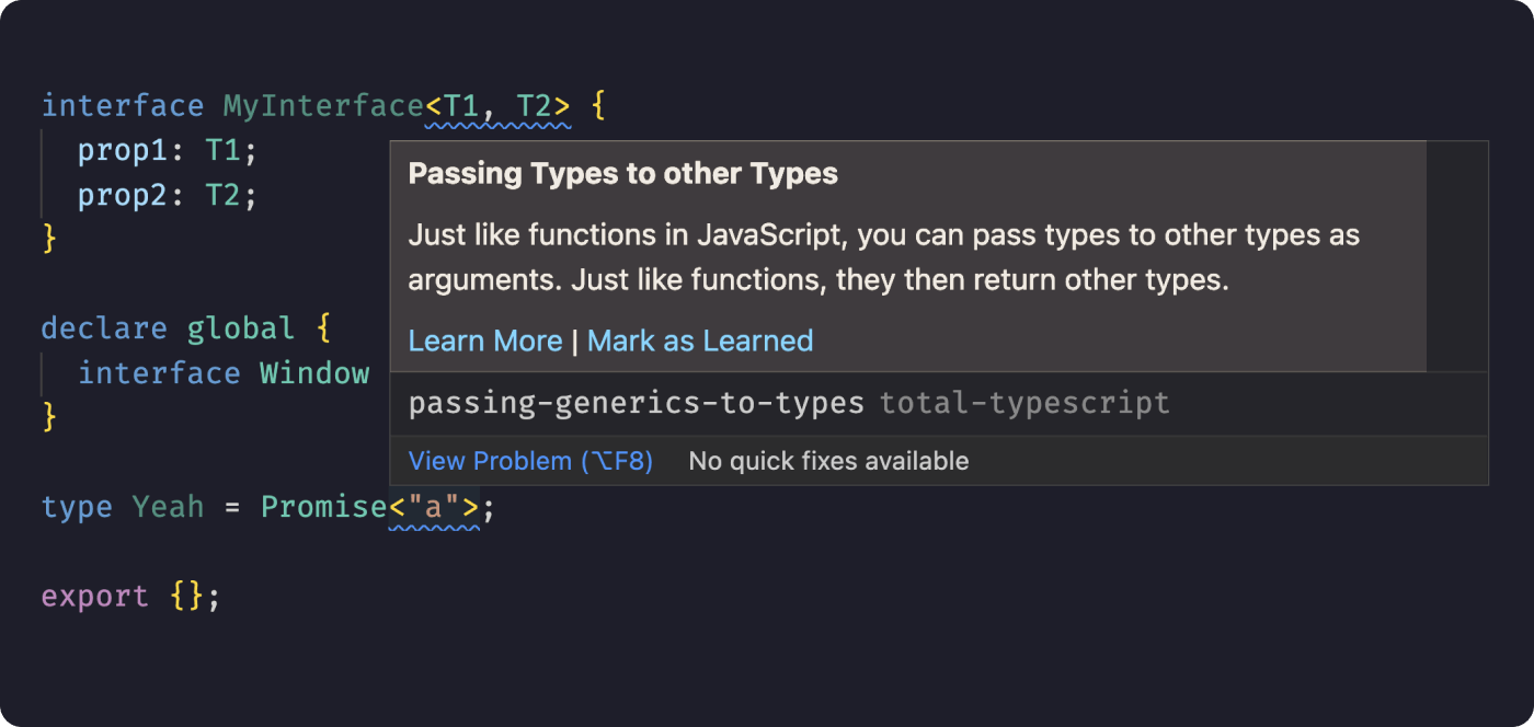 screenshot of VSCode showcasing Total TypeScript extension and it's ability to teach you TypeScript syntax.